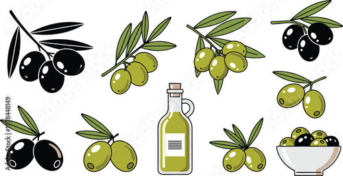 Organic Olive Oil and Fresh Olive Branch Vector Icon Set Featuring Green and Black Olives, Glass Bottle, and Bowl for Mediterranean Diet and Healthy Food Designs