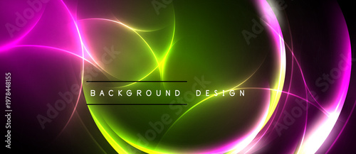 Abstract neon lights create vibrant curves, glowing shapes. Green dominates center, pink edges frame black space. Design feels futuristic.