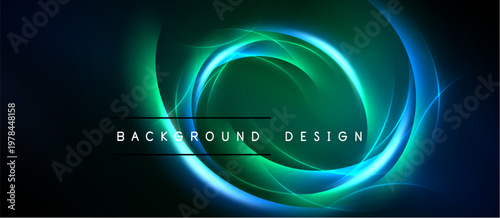 Abstract design features glowing concentric circles. Dark background emphasizes bright blue, green hues. Text reads background design.