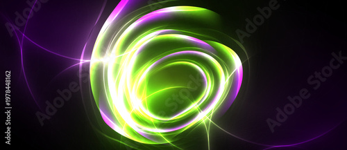 Bright swirling lights form circular pattern against dark background. Vivid green, purple hues create dynamic visual effect.