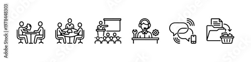 A set of thin line icons for business communication, office management, and corporate professional services.