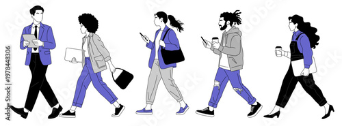 Set of stylized figures walk side by side, holding devices. Each person wears distinct clothing, carries bags or drinks. They move forward, showing focused or casual expressions