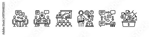 A set of thin line icons for business communication, office management, and corporate professional services.