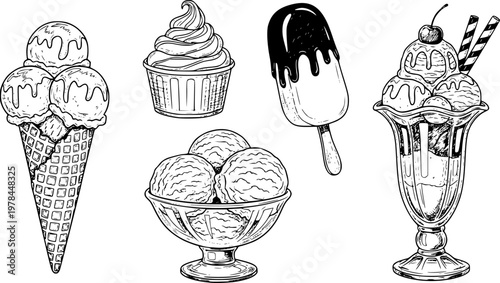 Ice cream vector sketch desserts. Hand drawn wafer cone, gelato, chocolate glazed, sundae, and ice cream served in a glass bowl. Transparent background PNG ... See More
