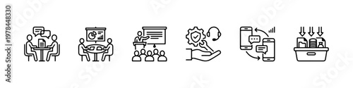 A set of thin line icons for business communication, office management, and corporate professional services.