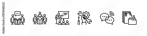 A set of thin line icons for business communication, office management, and corporate professional services.