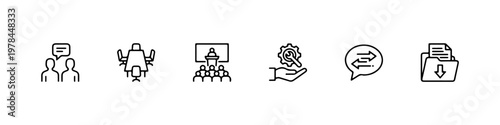 A set of thin line icons for business communication, office management, and corporate professional services.
