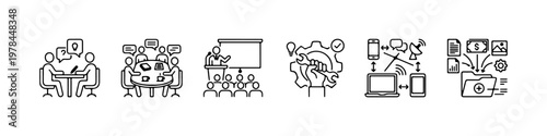 A set of thin line icons for business communication, office management, and corporate professional services.