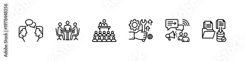 A set of thin line icons for business communication, office management, and corporate professional services.
