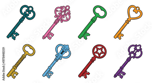 Colorful assortment of vintage style keys arranged on a white background
