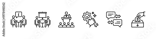 A set of thin line icons for business communication, office management, and corporate professional services.