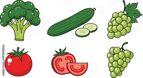 Fresh Vegetable and Fruit Icon Set Featuring Broccoli, Cucumber, Grapes, and Red Tomatoes for Healthy Eating, Organic Grocery, Vegan Food, and Culinary Kitchen Designs