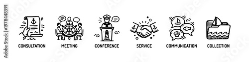 A set of nautical-themed doodle icons representing maritime business management, leadership, and professional naval communication.