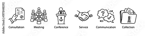 A set of nautical-themed doodle icons representing maritime business management, leadership, and professional naval communication.