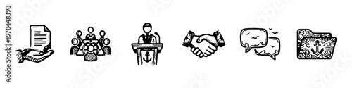 A set of nautical-themed doodle icons representing maritime business management, leadership, and professional naval communication.
