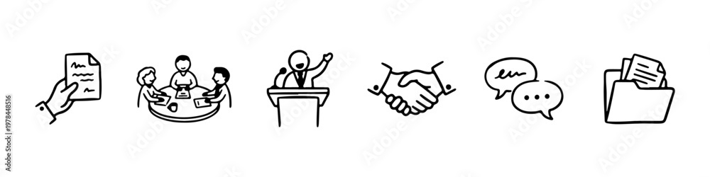 Obraz premium A set of hand-drawn doodle icons representing corporate business processes, teamwork, and official communication.