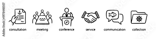 A set of nautical-themed doodle icons representing maritime business management, leadership, and professional naval communication.