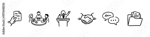 A set of hand-drawn doodle icons representing corporate business processes, teamwork, and official communication.