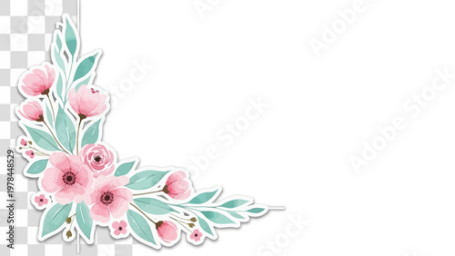 Watercolor floral corner arrangement with pink flowers and green leaves