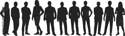 Business team silhouettes standing together, diverse professionals illustration, corporate group concept, office workers lineup, teamwork and leadership, isolated black figures on white background