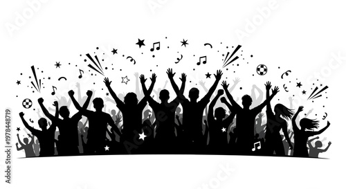 People Celebrating with Raised Hands Silhouette.