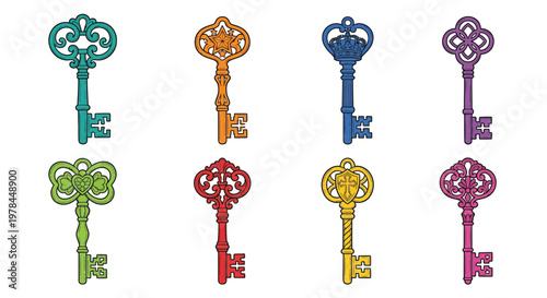 Colorful antique keys arranged in a grid on a white background