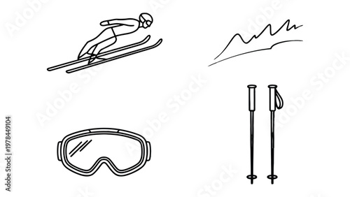 Skiing Essentials Illustrated: A collection of ski-related line drawings including a skier in action, the ski poles, the goggles, and a mountain range sketch.