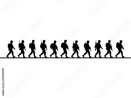 Silhouette of soldiers marching in a line, conveying unity and determination. Their synchronized movements suggest discipline and teamwork. They are a symbol of strength and resolve.