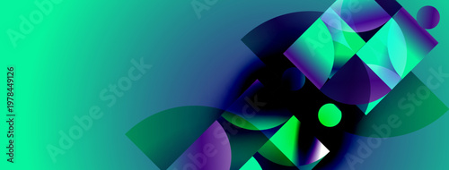 Abstract shapes overlap, creating vibrant gradients. Teal background complements purple, green hues. Modern design, dynamic composition.