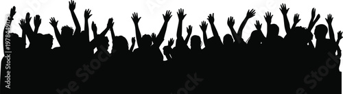 Crowd of people raising hands silhouette, cheering audience concept illustration, celebration and excitement scene, group participation, festival or concert energy, isolated black figures background