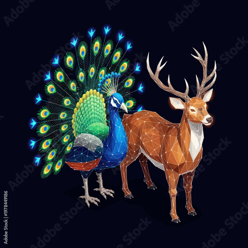 Vibrant Peacock and Elegant Deer - A Study in Contrasts.
