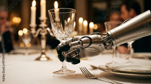 Humanoid robot hand picking up wine glass at dinner table. Robotic arm interacting with crystal stemware in restaurant