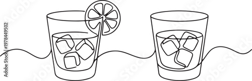drinking glasses with ice and citrus continuous line art design vector illustration 