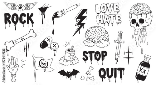 Set of handdrawn punk rock and gothic style doodle elements