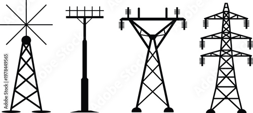 Electric transmission towers and antenna silhouettes set, black power line structures isolated on light background, infrastructure illustration for energy, industry and technology design