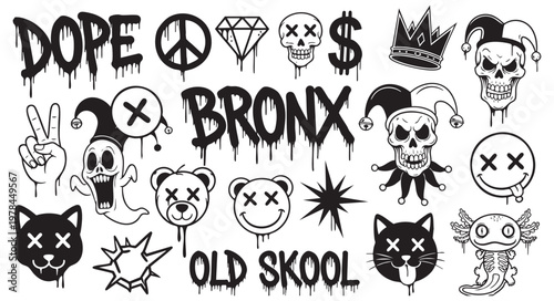 Set of graffiti style urban street art elements isolated on white background