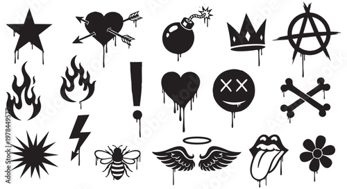 Set of black graffiti style icons and symbols isolated on white background