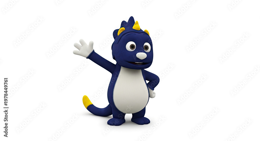 Obraz premium A cheerful cartoon dinosaur with a big smile and a friendly wave