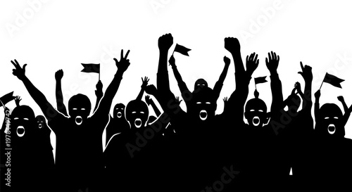 Silhouetted crowd of people cheering.