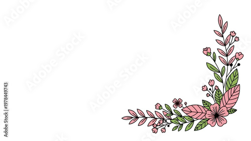 Floral corner design delicate pink flowers and green leaves on white background