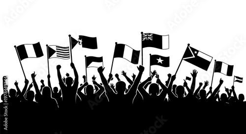 Crowd holding various national flags high.