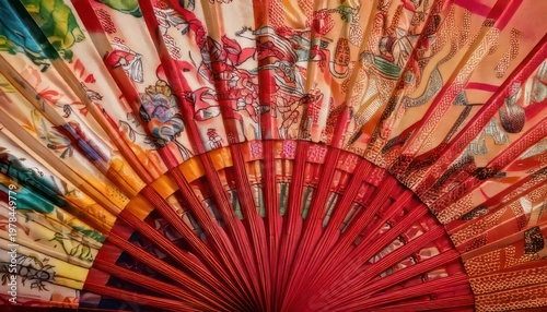 Close-up of a vibrant, ornate hand fan with intricate designs.