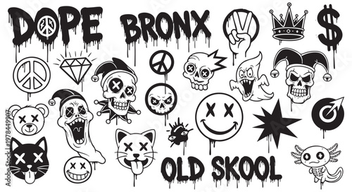 Set of graffiti style stickers, urban street art elements isolated on white