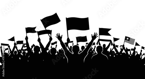 Silhouette of crowd waving flags high.