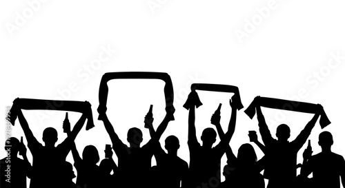 Silhouettes of people holding banners high.