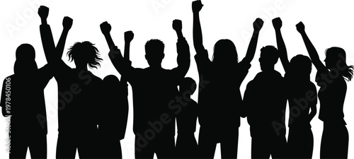 Group of people raising fists silhouette, protest and unity concept illustration, social movement, teamwork and empowerment, crowd solidarity, isolated black figures on white background