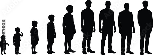 Human growth stages silhouette, child to adult development illustration, age progression concept, life cycle evolution, male growth timeline, isolated black figures on white background