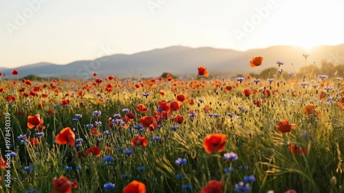 Wildflower meadow with red poppy and blue cornflower blooming at sunset. Scenic spring landscape with golden hour light and mountain