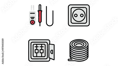 Electrical Tools and Components: A collection of essential electrical tools and components arranged to illustrate electrical work. This image is perfect for projects related to electricity.