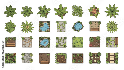 Top View Urban Park Vegetation Symbols Vector Set, Trees Bushes Grass for Architectural Plans, Geometric Style, Isolated on White